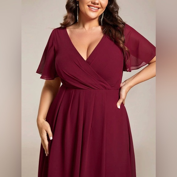 Ever Pretty Dresses & Skirts - Burgundy Ruffle Sleeve Pleated V-Neck A-Line Midi Chiffon Dress - Ever Pretty